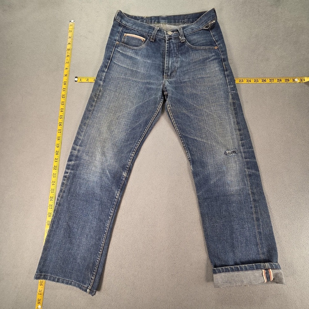Selvedge Jeans Mens Blue Medium Wash Straight Whiskers Honeycomb Fits 27x26